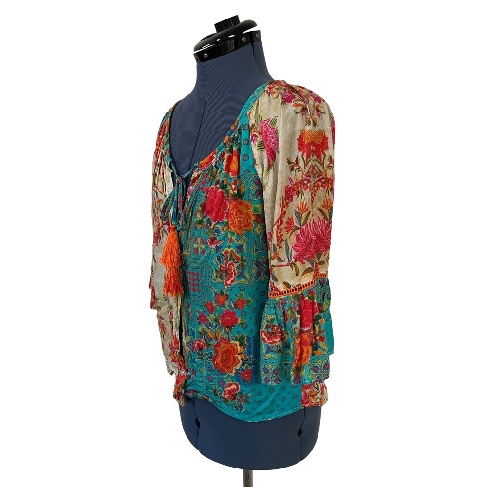 Lula Soul Floral Patchwork Tassel Bell Sleeve Button Up Peasant Top Boho Chic S - Picture 3 of 14